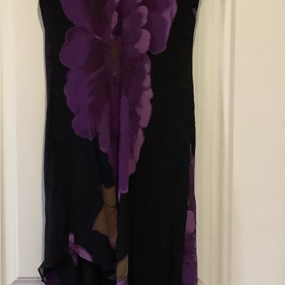 Vtg Black Purple Floral Midi Dress Size 14 Handkerchief Hem Fairy Whimsygoth - Picture 5 of 16